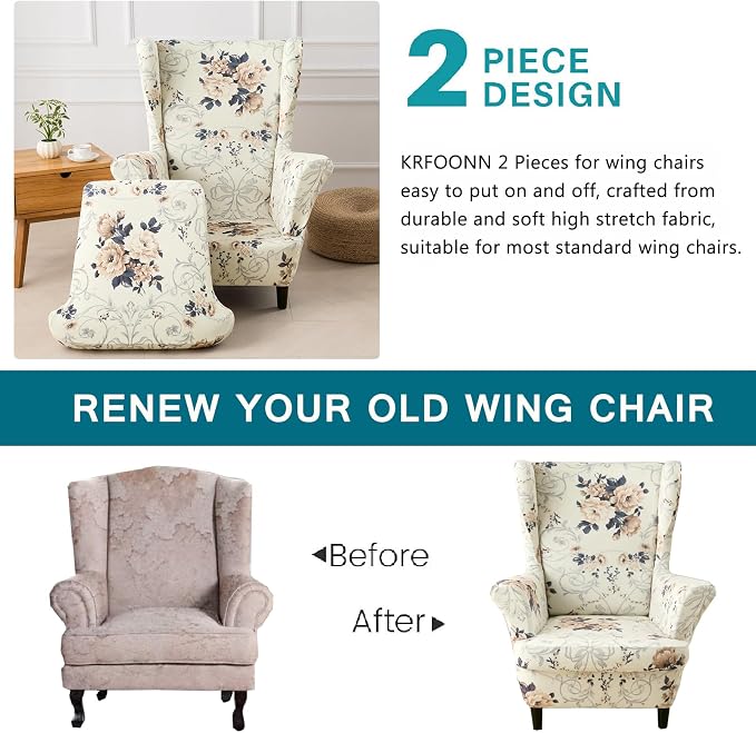 KRFOONN Velvet Wing Chair Slipcovers 2 Piece Stretch Printed Wingback Chair - Image 4