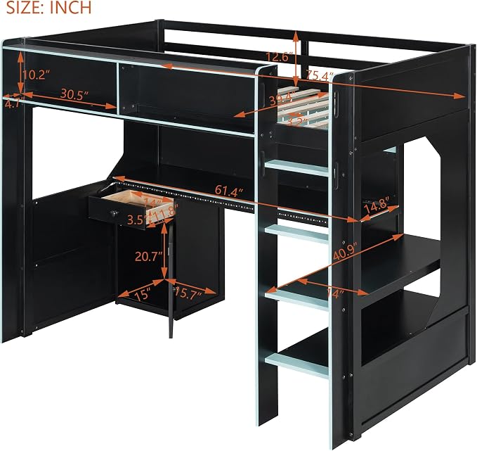 Modern Gaming Loft Bed with Built-in Desk, LED Lighting & Charging Hub –Twin - Image 2