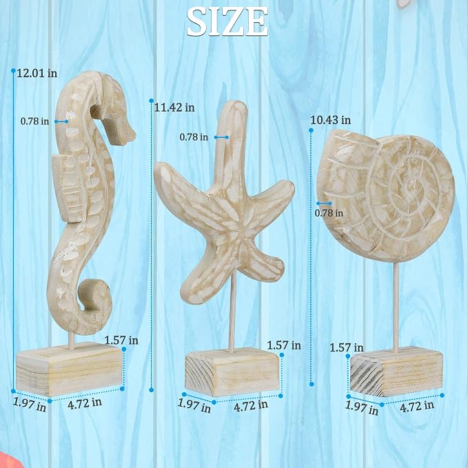 3pcs Wood Handmade Beach Nautical Style Figurines Starfish/Conch/Seahorse - Image 2
