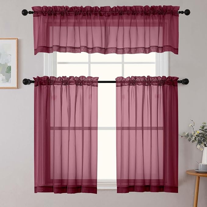 Kitchen Curtains 24 Inch Length Tier 2 Pieces, Burgundy Sheer Curtain Solid - Image 8