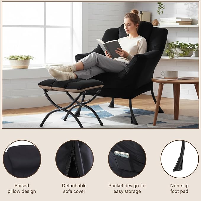 Welnow Lazy Chair with Ottoman, Modern Accent Chair with Armrests and a Side - Image 5