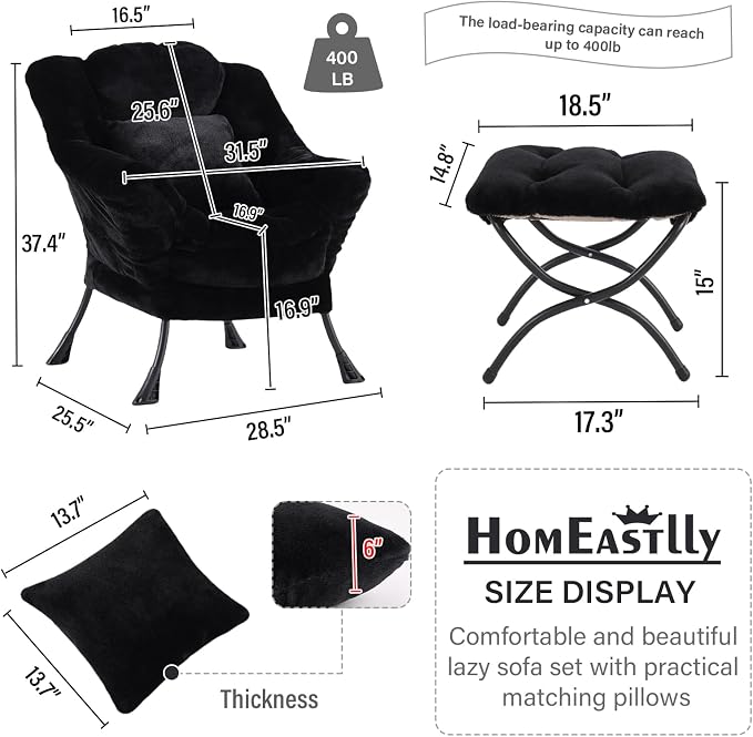 Lazy Chair with Ottoman, Large Black Accent Chair with Ottoman and FA Throw - Image 3