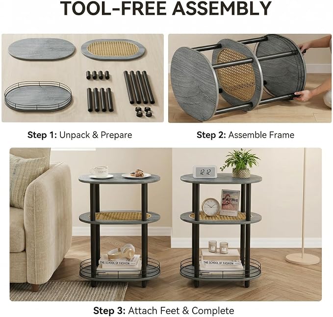 3 Tier Round Side Table with Storage, Oval End Table with Rattan Shelf & Metal - Image 6