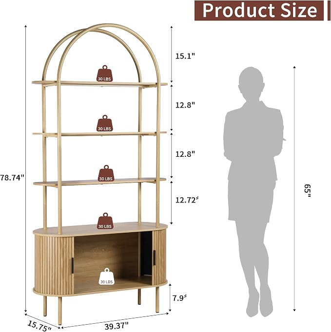 79" Tall Arched Bookshelf with Sliding Tambour Doors, Mid Century Modern Curved - Image 2