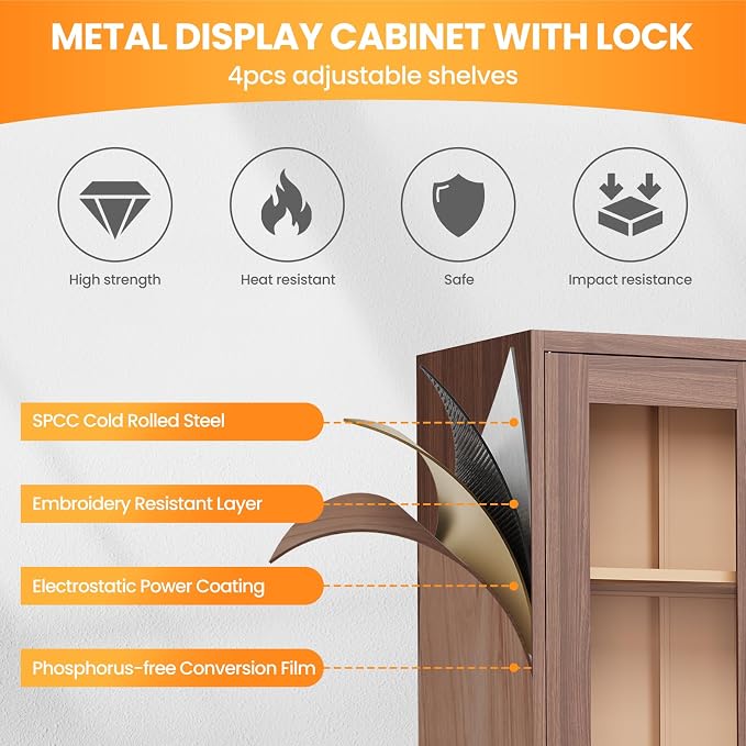 Locking Display Cabinet with Glass Door, 71”H Metal Curio Cabinets with - Image 6