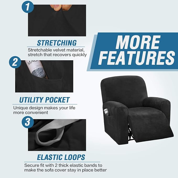 H.VERSAILTEX Velvet Stretch Recliner Couch Covers 4-Pieces Style Recliner Chair - Image 4