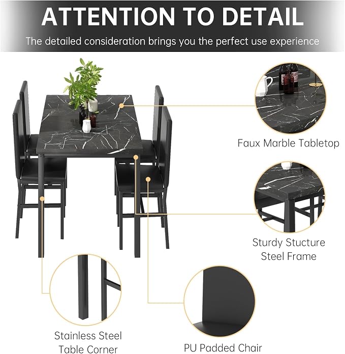 AWQM 5 Piece Dining Table Set for 4, Faux Marble Kitchen Table and Chairs for 4 - Image 4