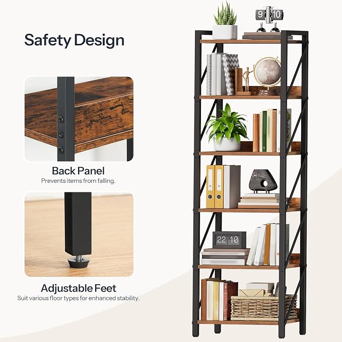 HOOBRO Bookshelf, 6-Tier Industrial Bookcase, Book Shelf Storage Organizer - Image 5