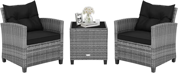 HAPPYGRILL 3 Pieces Patio Conversation Set, Outdoor Furniture Set PE Rattan by HAPPYGRILL