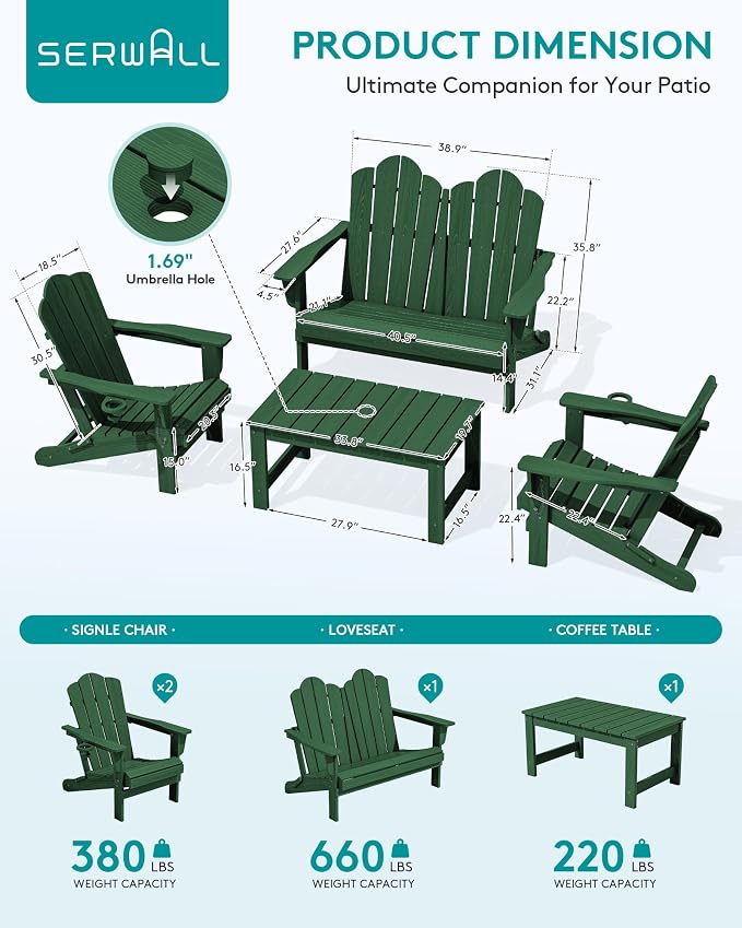 SERWALL 5 Pieces HDPE Patio Adirondack Chair Set, 2 Adirondack Chair - Image 7