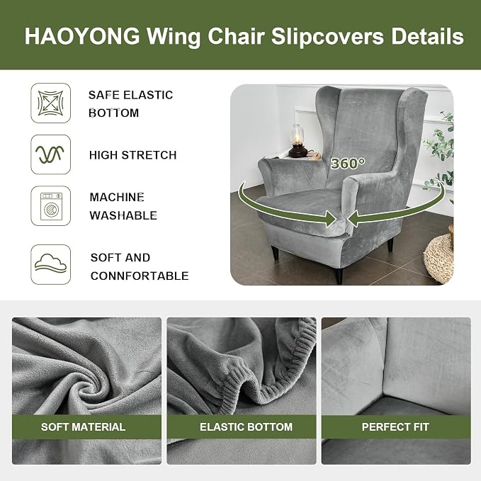 HAOYONG Velvet Wingback Armchair Covers 2-Piece Elastic Stretch Wingback Chair - Image 4