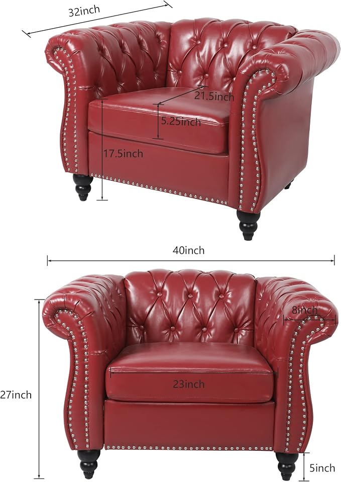 ORRD 3 Pieces Living Room Set, Chesterfield Sofa Faux Leather Loveseat Couch - Image 7