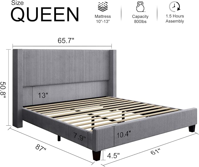 HOWE Queen Size Bed Frame with 50.8" Tall Wingback Headboard, Modern Corduroy - Image 2