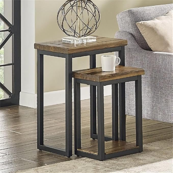 Claremont Rustic Wood Nesting End Tables, Solid Wood and Black-Finished Metal - Image 2