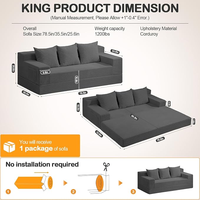 Erament 3 Seater Boneless Couch Sofa Bed, Compression Convertible Futon Floor - Image 2