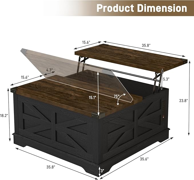 Hlivelood 36" Farmhouse Movable Lift Top Coffee Table - Image 2