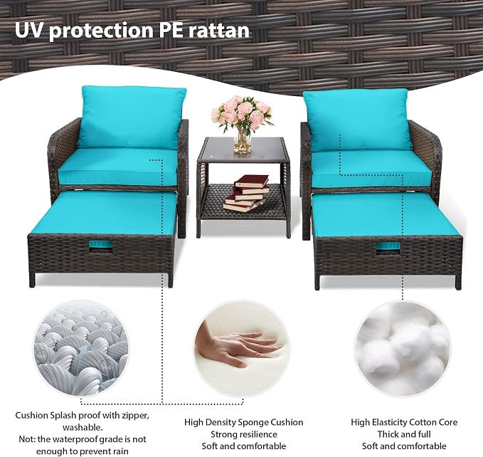 LEVELEVE Balcony Furniture 5 Piece Patio Conversation Set, PE Wicker Rattan - Image 6