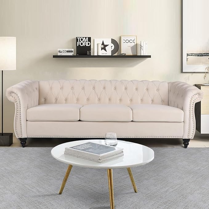AVZEAR 3 seat Sofa, Velvet Living Room Large Modern Chesterfield Fabric Modern - Image 4