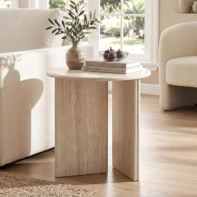 HNY Small Round Side Table Marble Veneer Wood Bedside Table 18" Modern End by HNY