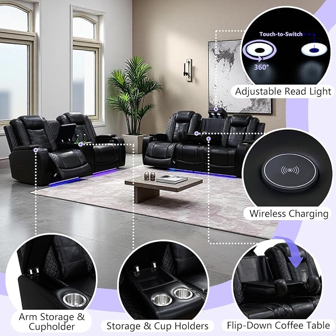 Leather Power Recliner Sofa Set, Living Room Furniture Sets, 2 Piece Reclining - Image 5