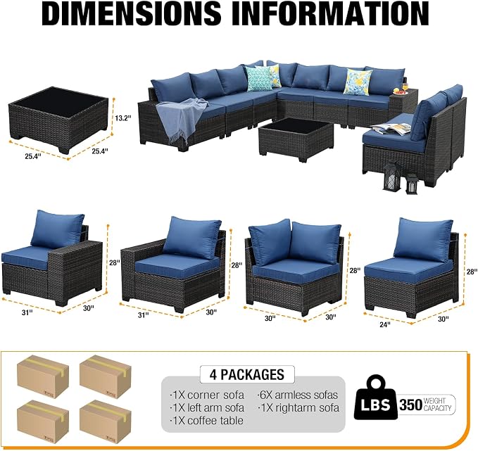 JOYURE 10 Pieces Patio Furniture Set All-Weather Outdoor Wicker Sectional - Image 3