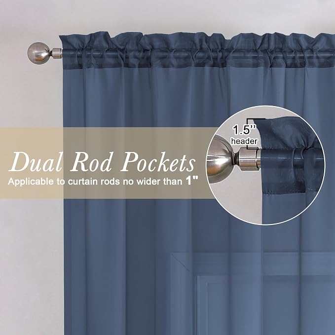Lecloud Navy Blue Sheer Curtains 96 Inches Long 2 Pcs, Light Filtering Window - Image 6
