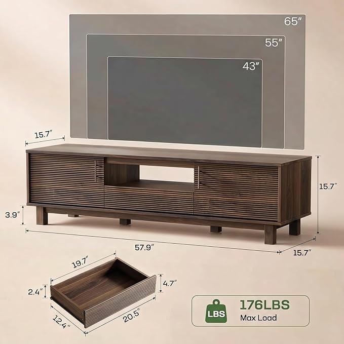 Marsail Mid Century Modern TV Stand up to 65 Inches, Fluted Entertainment Center - Image 2