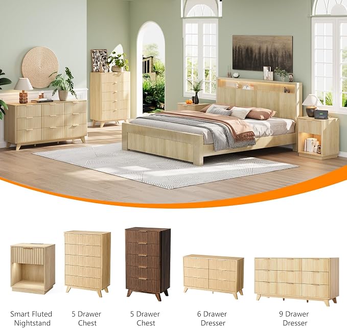 VINGLI Fluted Walnut Dresser 9 Drawer, Dark Wood Dresser Brown - Image 7