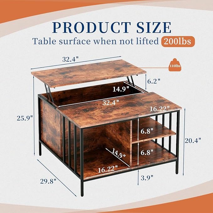 Coffee Table with Storage, Lift Top Coffee Table with Display Shelf and Hidden - Image 2