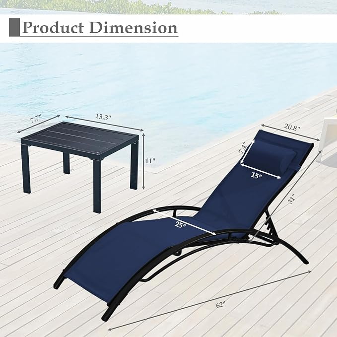 EROMMY Outdoor Chaise Lounge Set of 3, Reclining Patio Chairs - Image 2