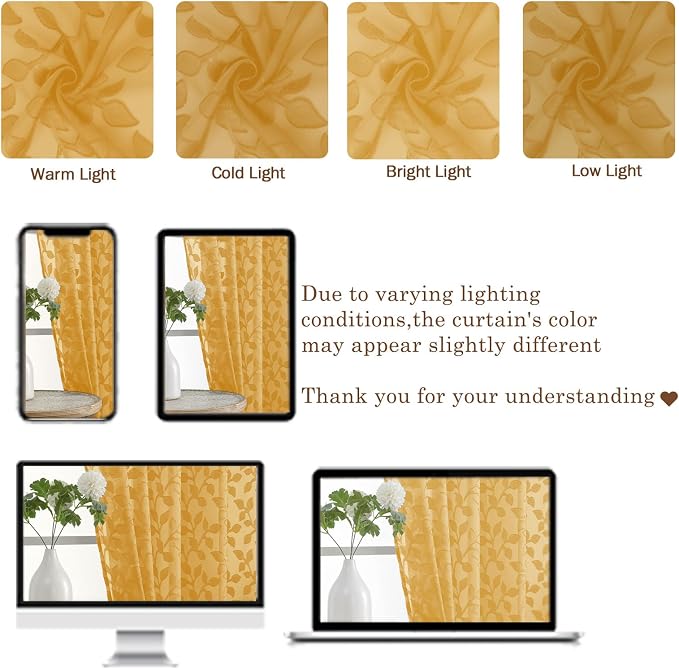 Chyhomenyc Gold Sheer Curtains 24 Inch Length, Light Filtering Leaf Tufted - Image 8