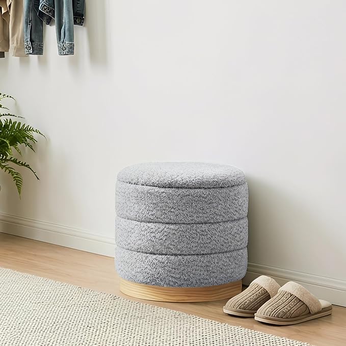 Round Storage Ottoman with Reversible Tray Lid, Folding Chenille Fabric - Image 8
