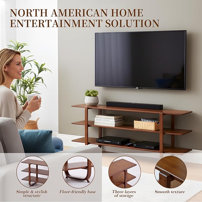 Welnow Bamboo TV Stand for Up to 65 Inch, Mid Century Modern Entertainment - Image 3