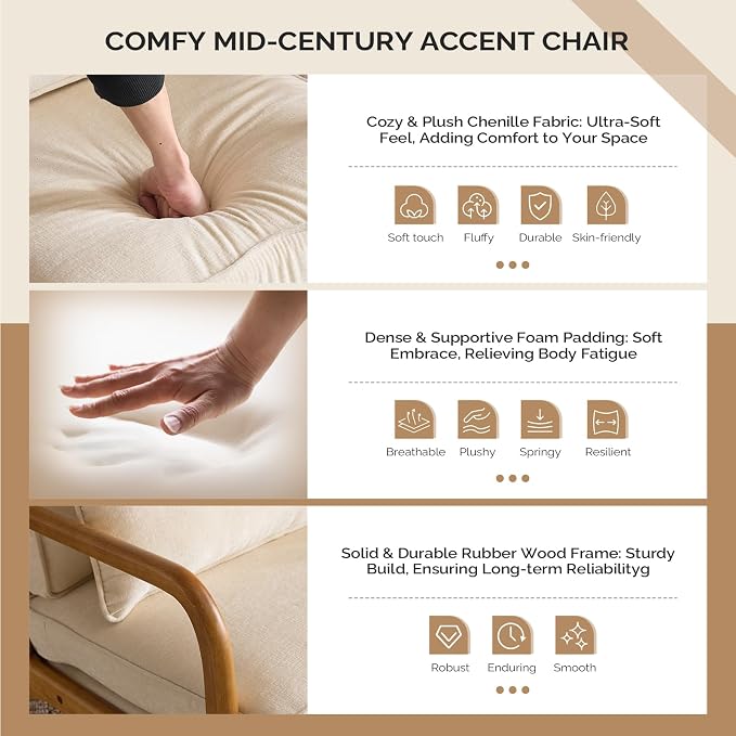 VINGLI Chenille Mid-Century Modern Accent Chair Set of 2, Cute Reading Arm Chair - Image 3