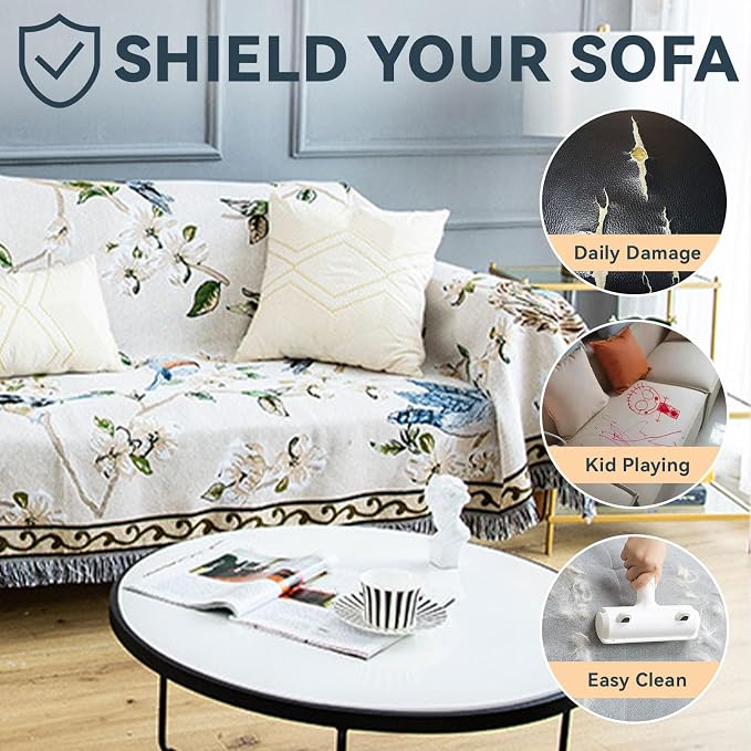 VClife Boho Beige Jacquard Couch Cover Modern Floral Bird Cotton Linen Slipcover - Image 5