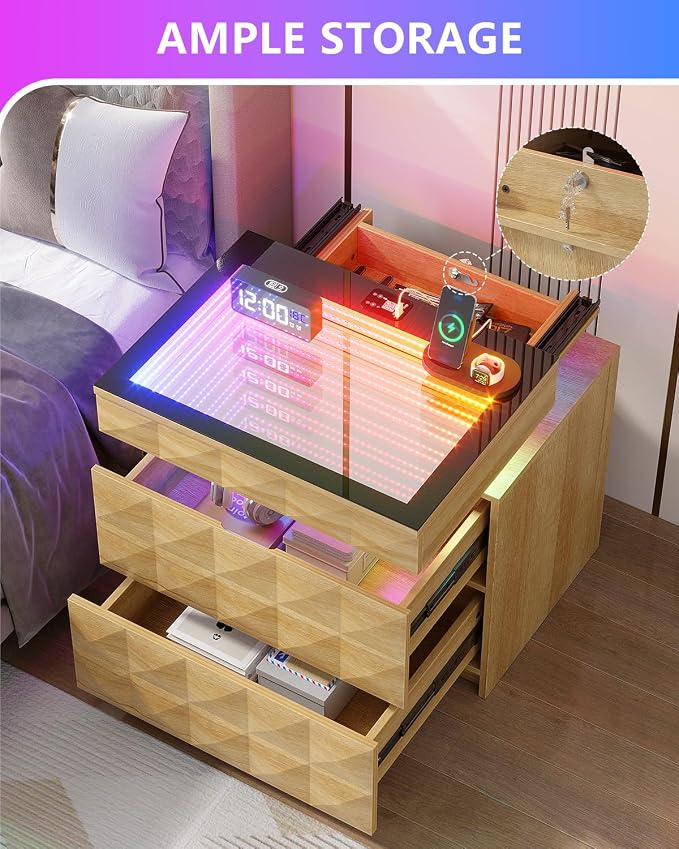 Wood Night Stand with Charger Station & RGB Lights, LED Bedside Table with - Image 6