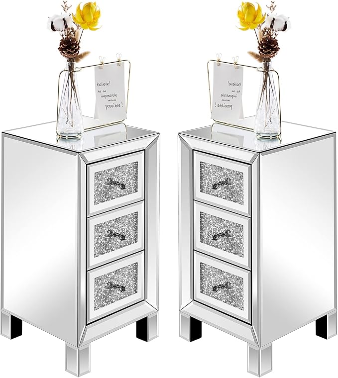 VINGLI 3-Drawer Mirrored Nightstand Bedside Table Modern Night Stands Set of 2 by VINGLI