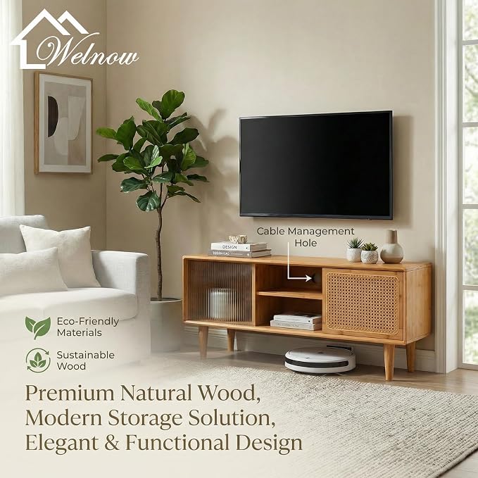 Welnow Rattan TV Stand for Up to 55 Inch, Mid Century Modern Bamboo - Image 2