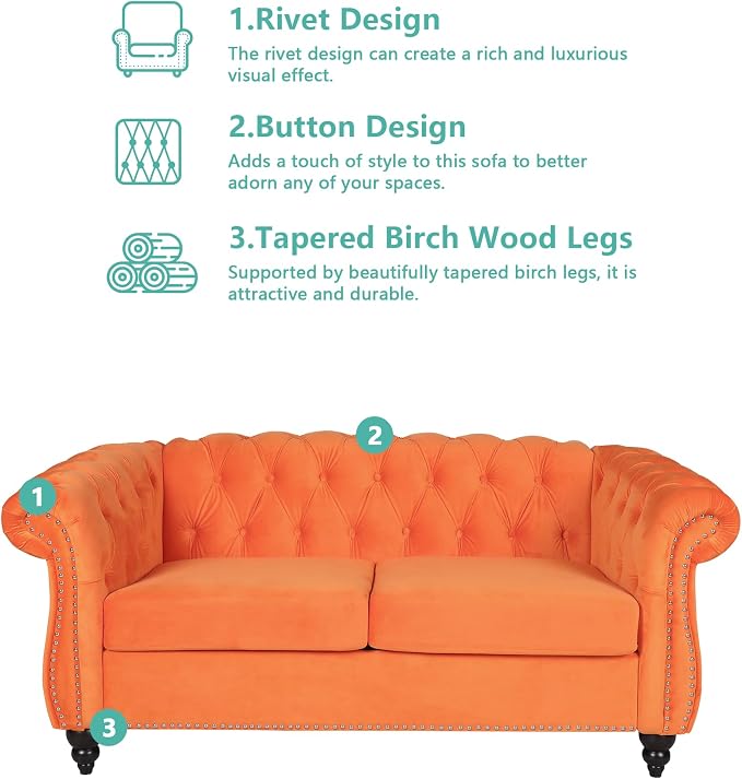 Chesterfield Loveseat Sofa, Modern Velvet Small Sofa Couch 2 Seater - Image 6