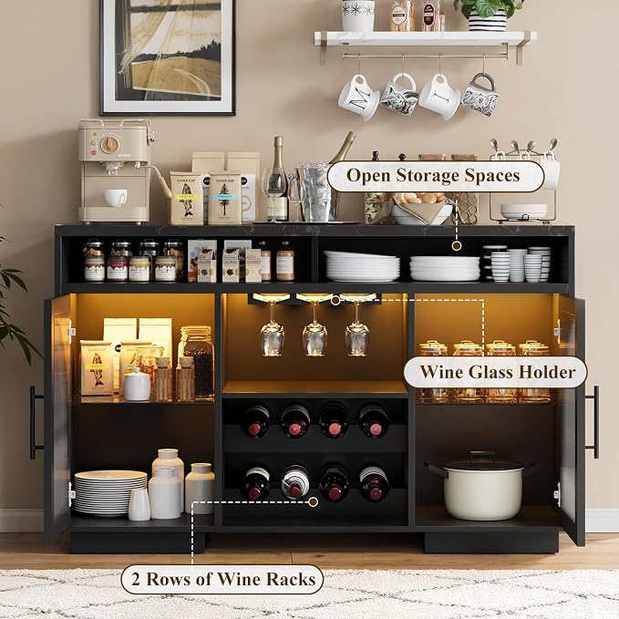 Wine Bar Cabinet 54", Arched Glass Doors, Wine Rack, Adjustable Shelves - Image 6