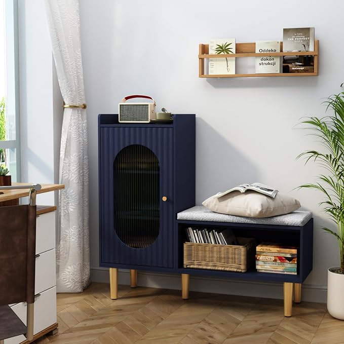 HLR Storage Bench with Glass Door&Shelf, Modern Entryway Shoe Cabinet Bench - Image 4