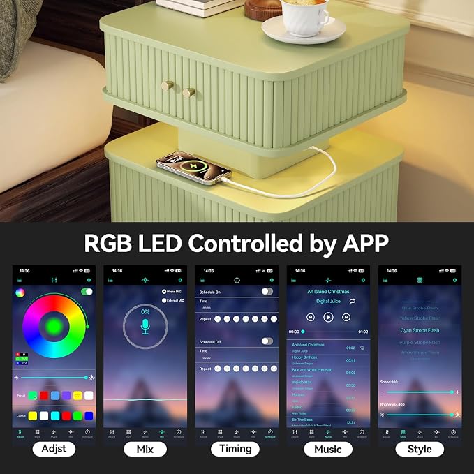 Nightstand with Charging Station, Modern Night Stand with Smart Led Light and 2 - Image 7