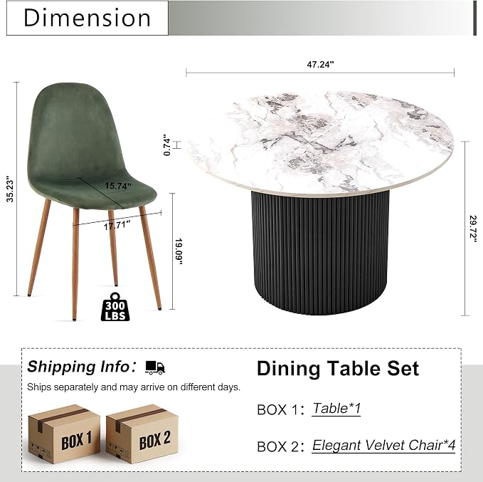 Dining Table Set for 4, Mid Century Modern 47 Inch White Marble-Look Wooden - Image 2