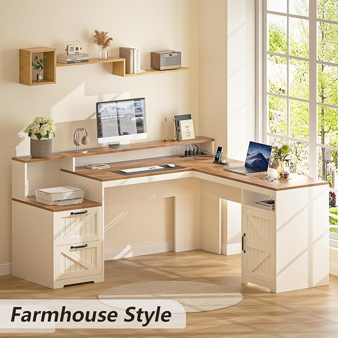 YOMILUVE 63" Farmhouse L Shaped Executive Desk - Image 3