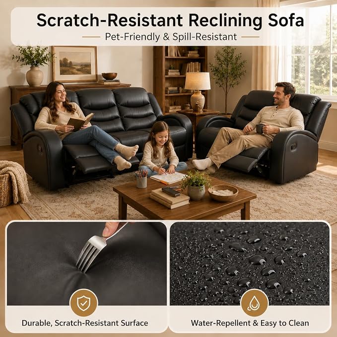 Recliner Sofa Set, 2 Piece Living Room Furniture Set, Leather Recliner Sofa - Image 4