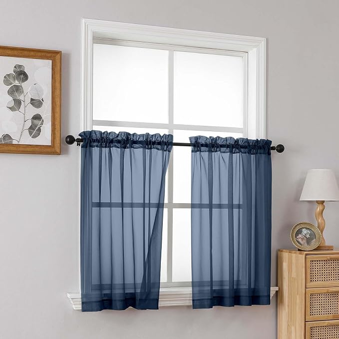 Navy Blue Small Sheer Curtains Tier 24 Inches Length 2 Pieces, Light Filtering - Image 8