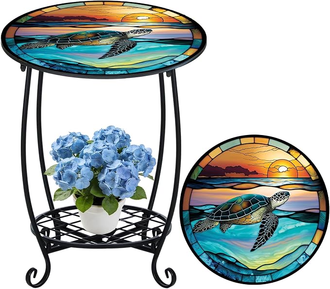 Cinnvoice Outdoor Side Table Round Small Mosaic Patio Accent Indoor End Plant by Cinnvoice