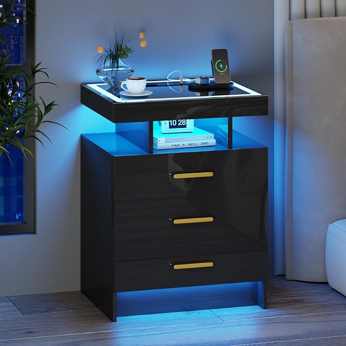 Black Night Stand Set 2 with Wireless Charging Station, Smart Bedside Table - Image 9