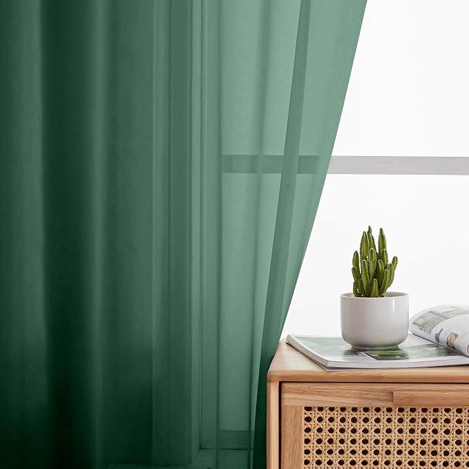 Hunter Green Sheer Curtains for Bedroom Living Room 96 Inches Long 2 Panels - Image 3