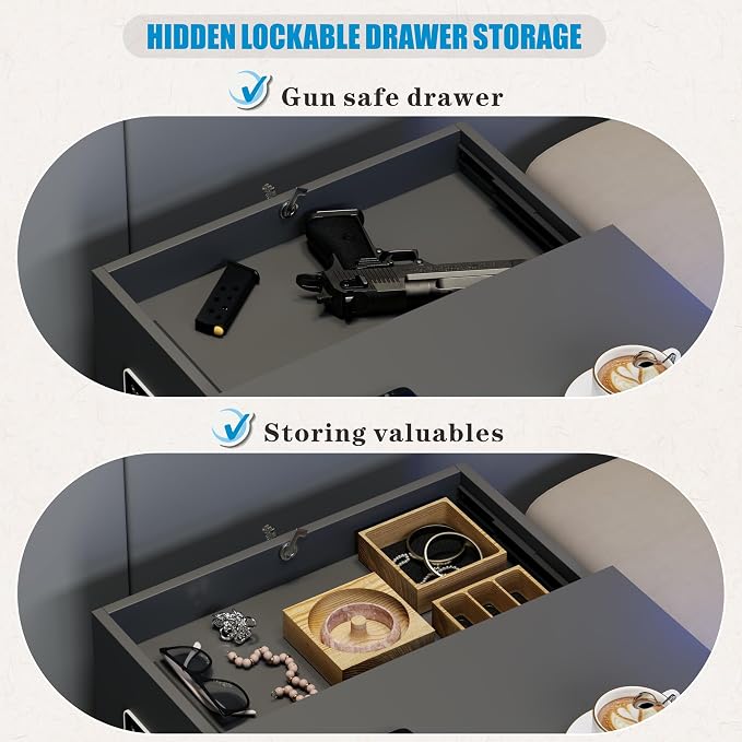 LED Night Stand with Gun Drawer, Bedside Table with Charger Station & Human - Image 5